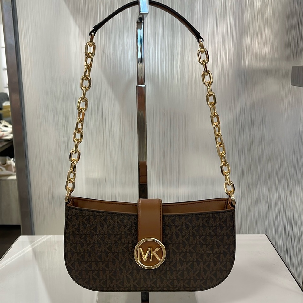 Michael Kors Carmen Small Logo Shoulder Pouchette Bag in Brown
NWT